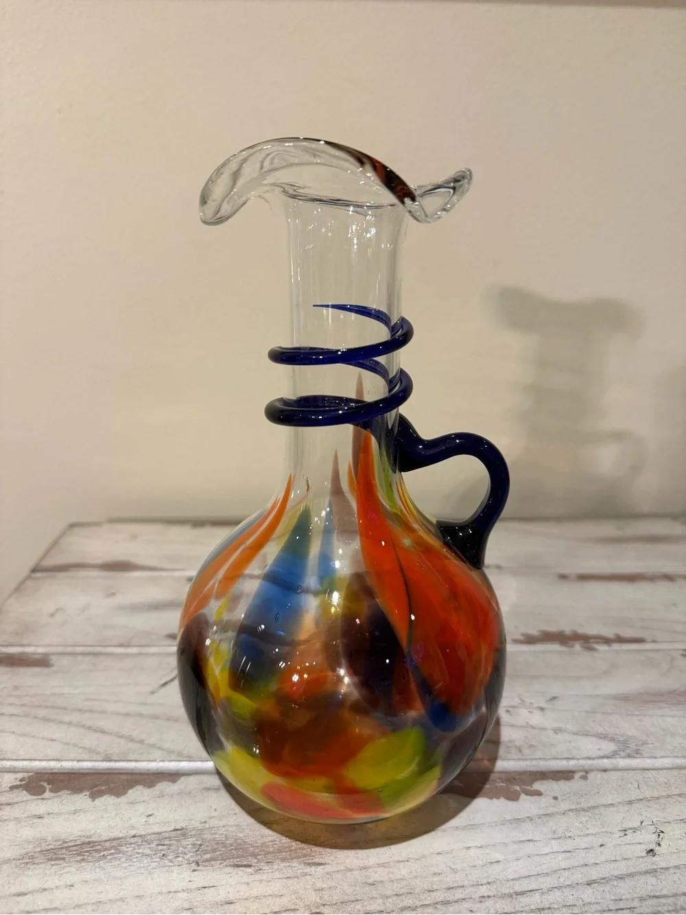 Vtg Hand Blown Art Glass Pitcher Ruffled Neck Spout Spiral Handle End Of Day